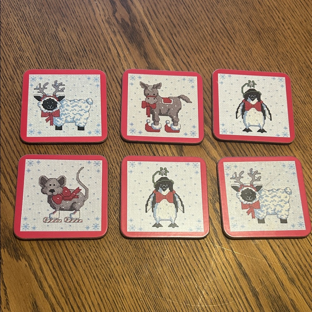Vintage Festive Animal Coasters - Red Trim (Set of 6)